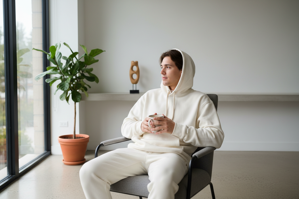 Sudadera Phoenix blanca ambiente minimalista